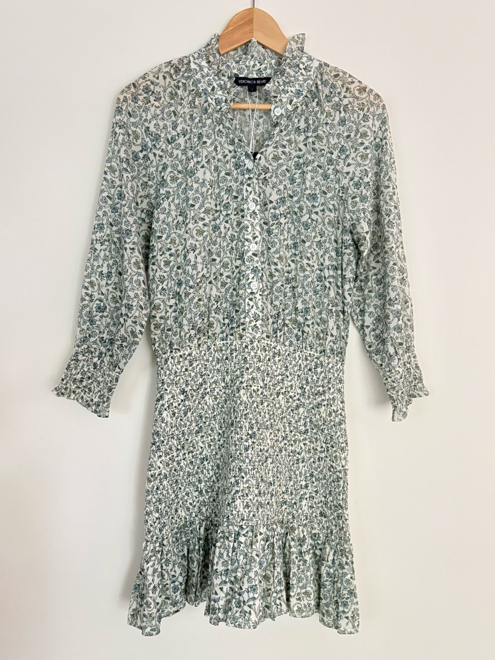 Veronica Beard Corsica Dress Ecru Sage Floral Long Sleeve Smocked Mini NWT Sz S